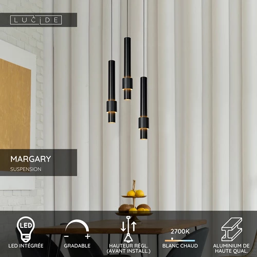 Lucide MARGARY - Suspension - Ø 28 cm - LED Dim. - 3x4W 2700K - Noir - USP